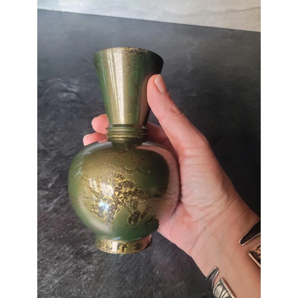 Vintage Miniature‎ Brass Bud Vase Green Gold Enamel Verdigris Trumpet Neck 4.5